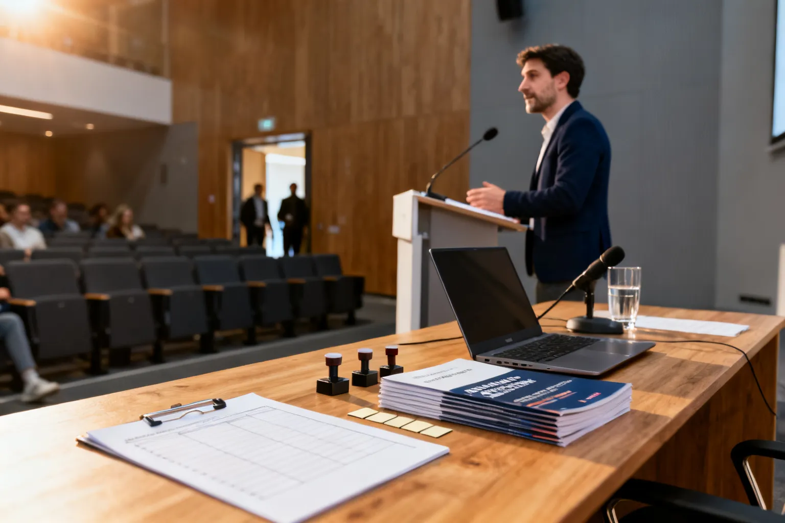 Moderator przemawia podczas porannego sympozjum w Gdańsku; stolik rejestracyjny z materiałami i laptopem na pierwszym planie.