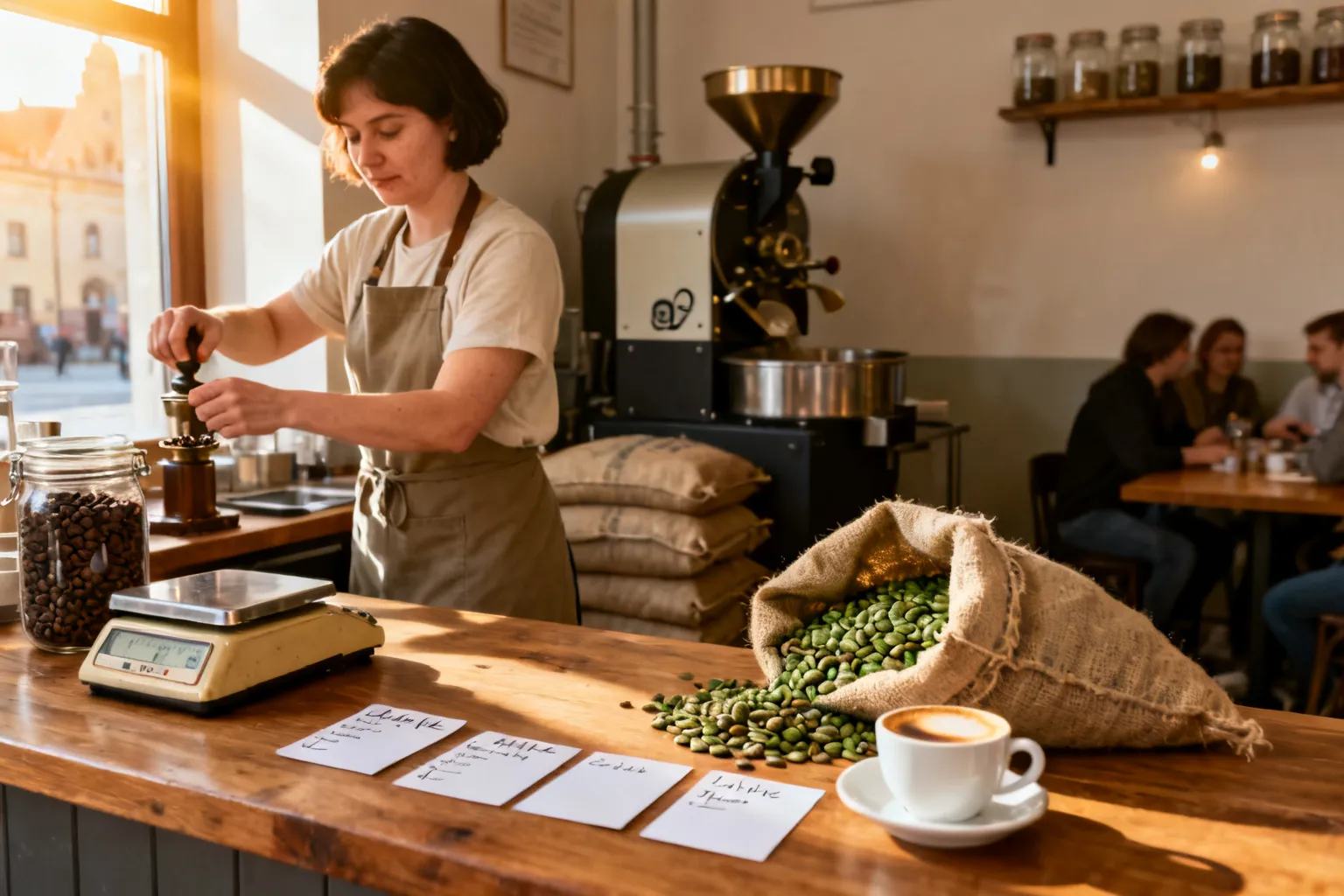 Baristka mieląca ziarna przy drewnianym blacie z wagą, słoikiem palonych ziaren i kartami degustacyjnymi, przytulna palarnia.