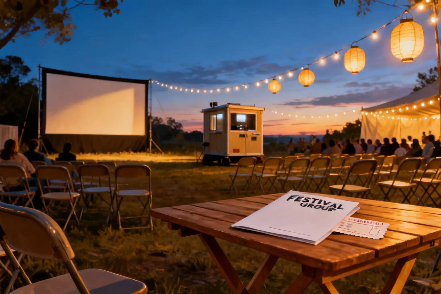 Plenerowe kino festiwalowe w Gdańsku o zmierzchu: rzędy składanych krzeseł, przenośna kabina projekcyjna i stolik z programem oraz biletem.