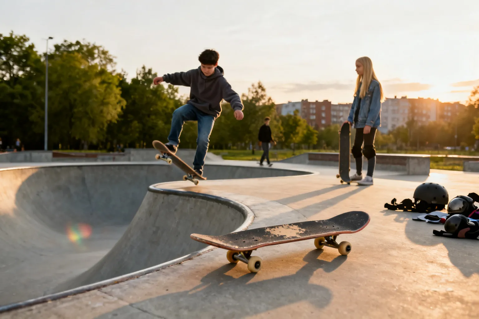 Skatepark w Gdańsku o zachodzie słońca: pusta misa i rampy, porzucona deska i ochraniacze; młodzi skaterzy ćwiczą triki.