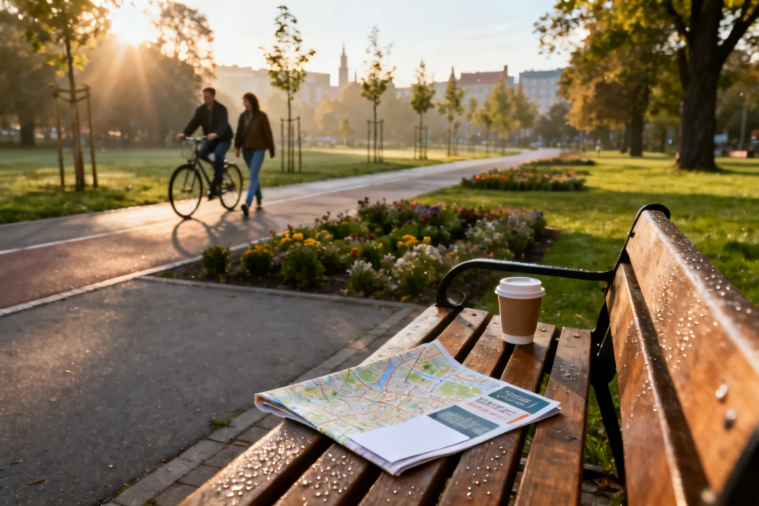 Ławka w gdańskim parku z mapą i kubkiem kawy, ścieżka z przejeżdżającym rowerzystą i spacerującą parą — poranny przewodnik po miejscach wypoczynku.