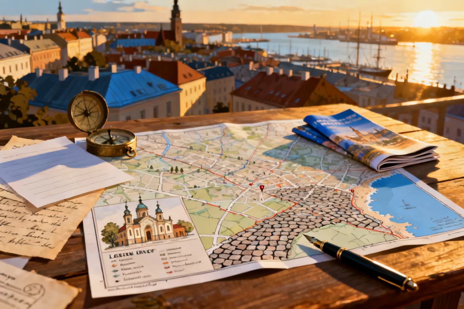 Ilustrowana mapa Gdańska z zaznaczonymi lokalizacjami synagog, legendą na drewnianym stole i wieczornym panoramą portu.