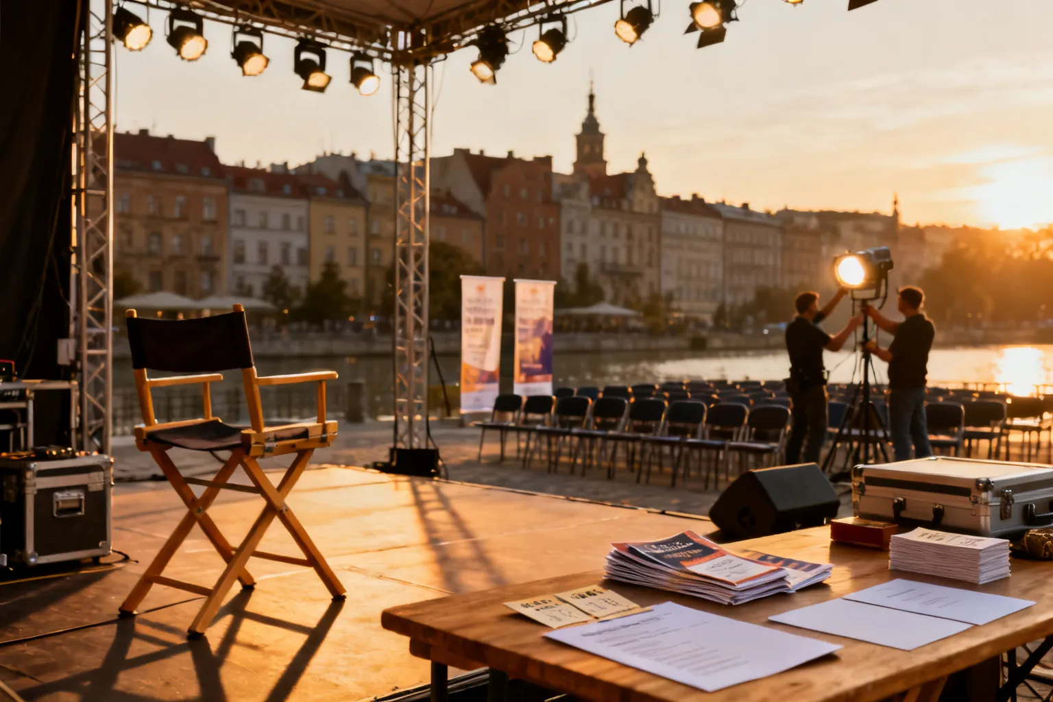 Plenerowe, kameralne sceny festiwalu teatralnego w nadmorskim Gdańsku przy złotym świetle zachodu, pusta scena i przygotowania.