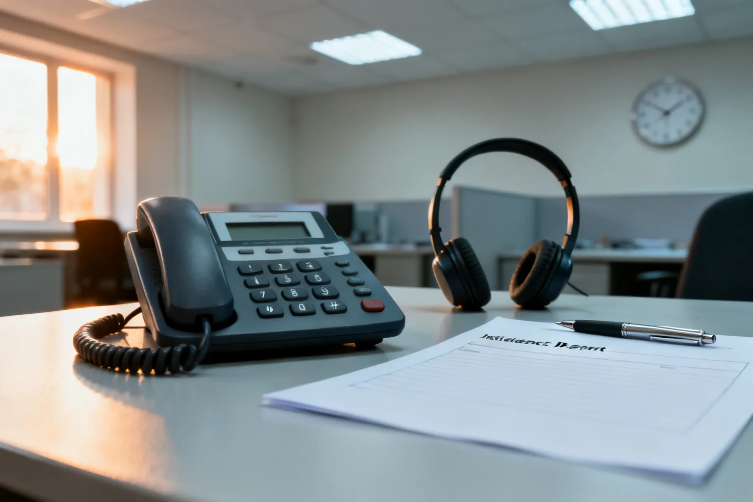 Biurko centrum alarmowego z telefonem, pustym formularzem zdarzenia i słuchawką — przygotowanie do zgłoszeń alarmowych w Gdańsku.