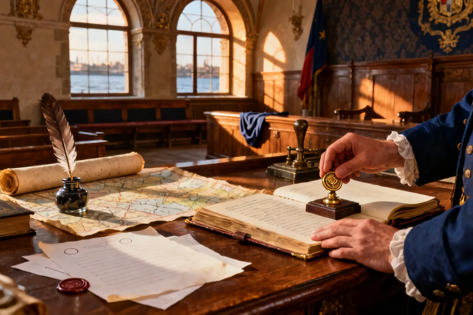 Wnętrze historycznej sali samorządowej Gdańska: biurko z piórem, zwojami map, zapieczętowaną pieczęcią i księgą przyświetlone wieczornym słońcem.