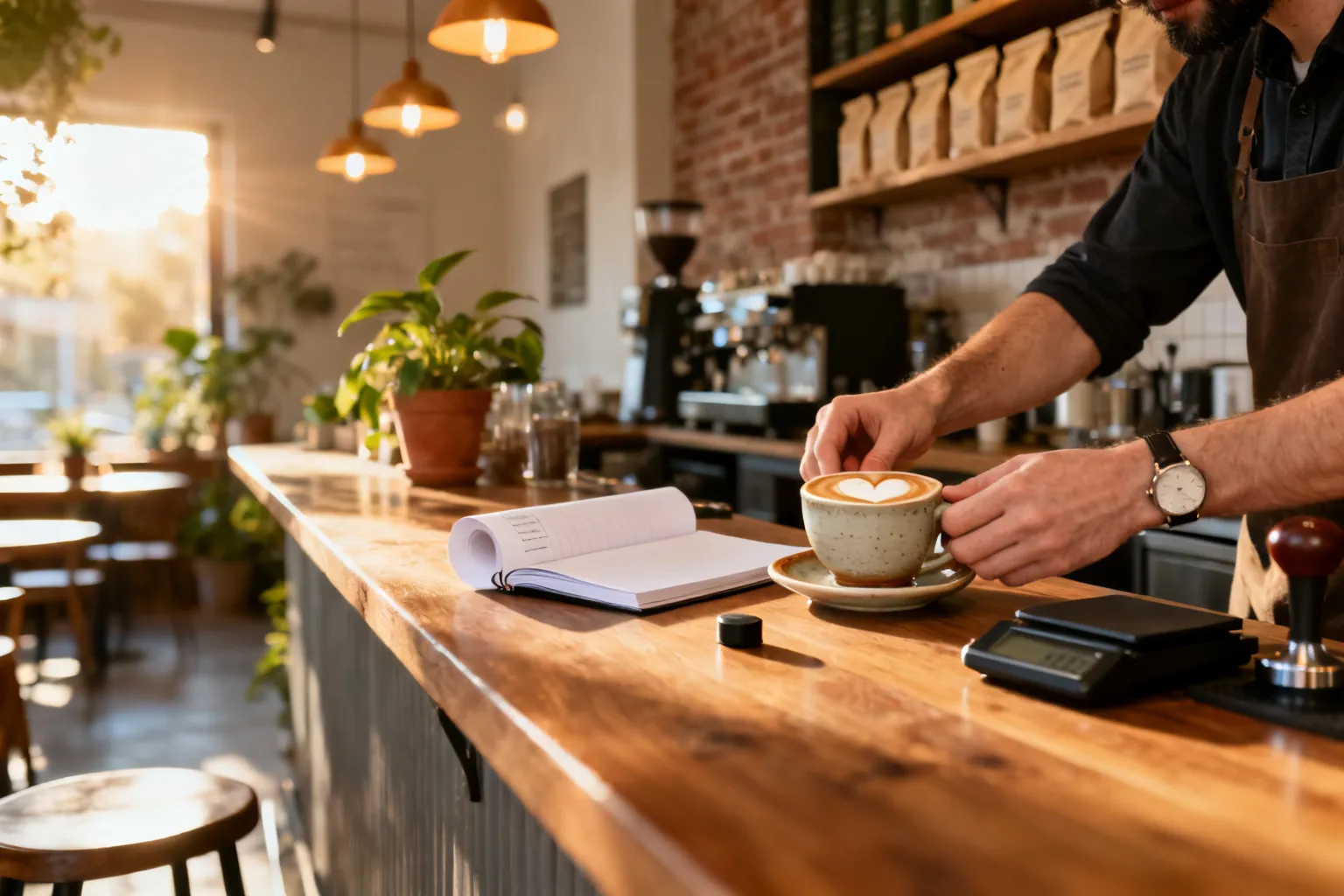 Barista stawia filiżankę z latte art na drewnianym blacie; obok notatnik, waga i tamper, przytulne wnętrze kawiarni.