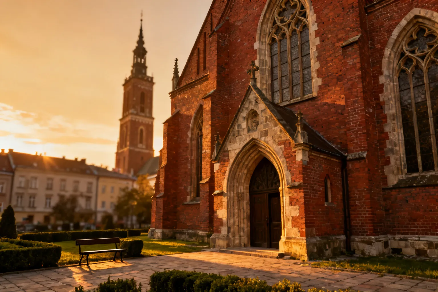 Zabytkowa ceglana gotycka fasada kościoła oświetlona złotym światłem, z wieżą i zadbanym dziedzińcem, kontekst Gdańska i zwiedzania.
