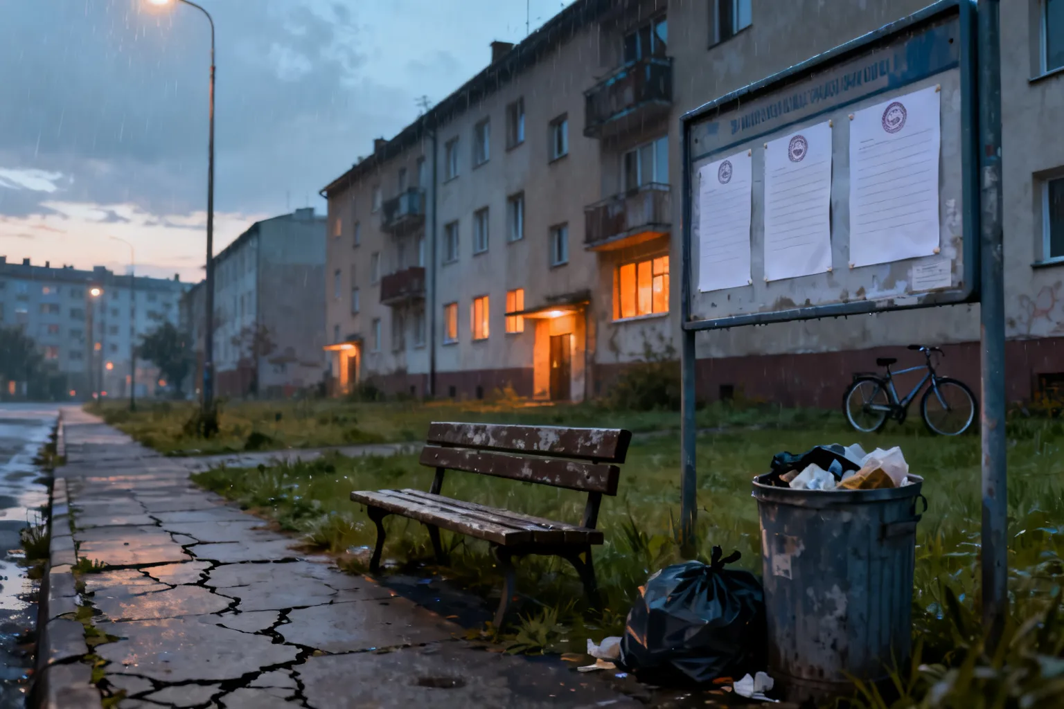 Widok zaniedbanego gdańskiego osiedla: popękany chodnik, przepełniony kosz i ławka, blokowiska w chłodnym świetle zmierzchu.
