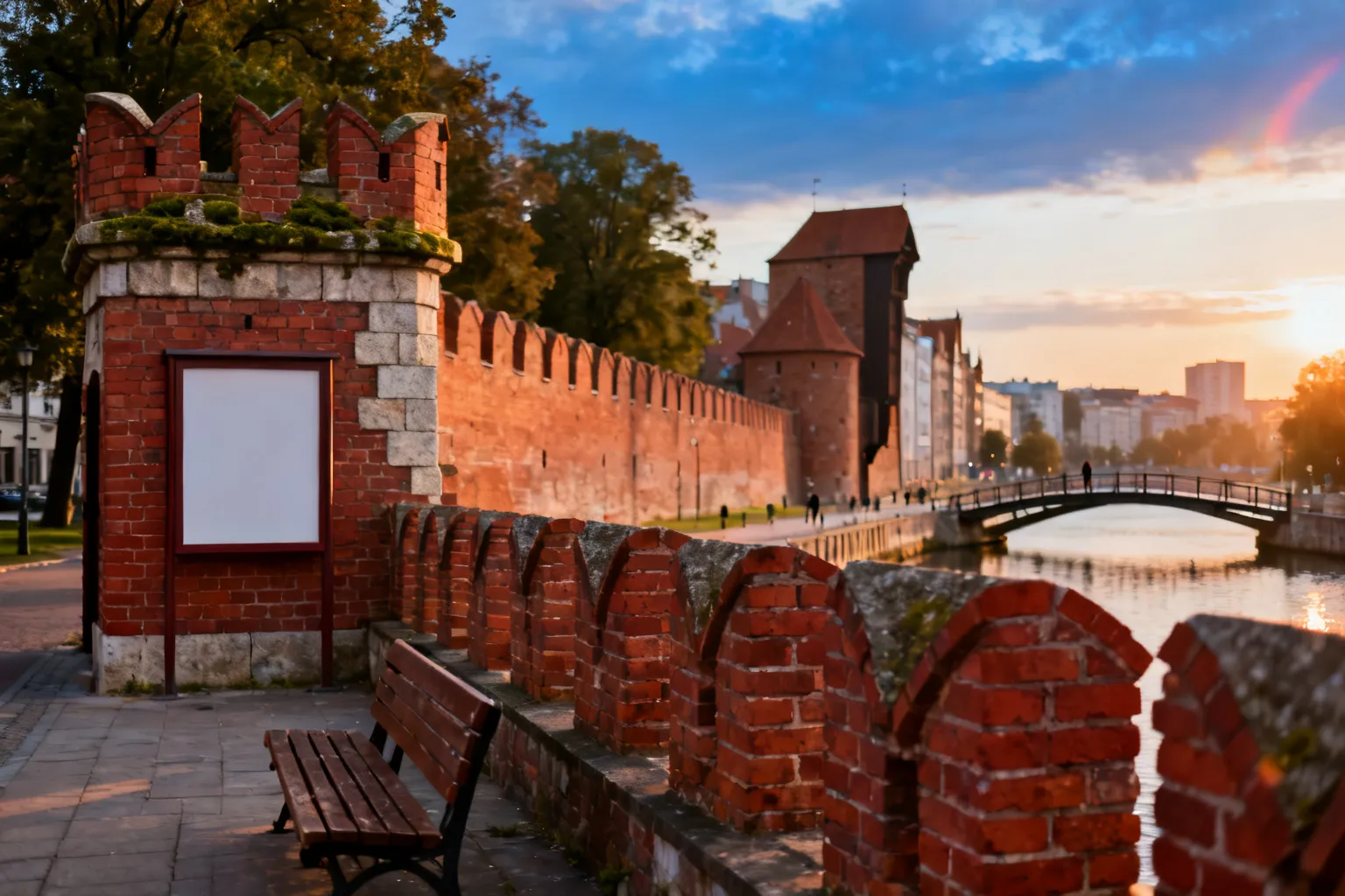 Gdańskie mury obronne przy promenadzie o zachodzie słońca; zbliżenie na czerwone ceglane blanki i odrestaurowaną basztę obok ławki i tablicy informacyjnej.