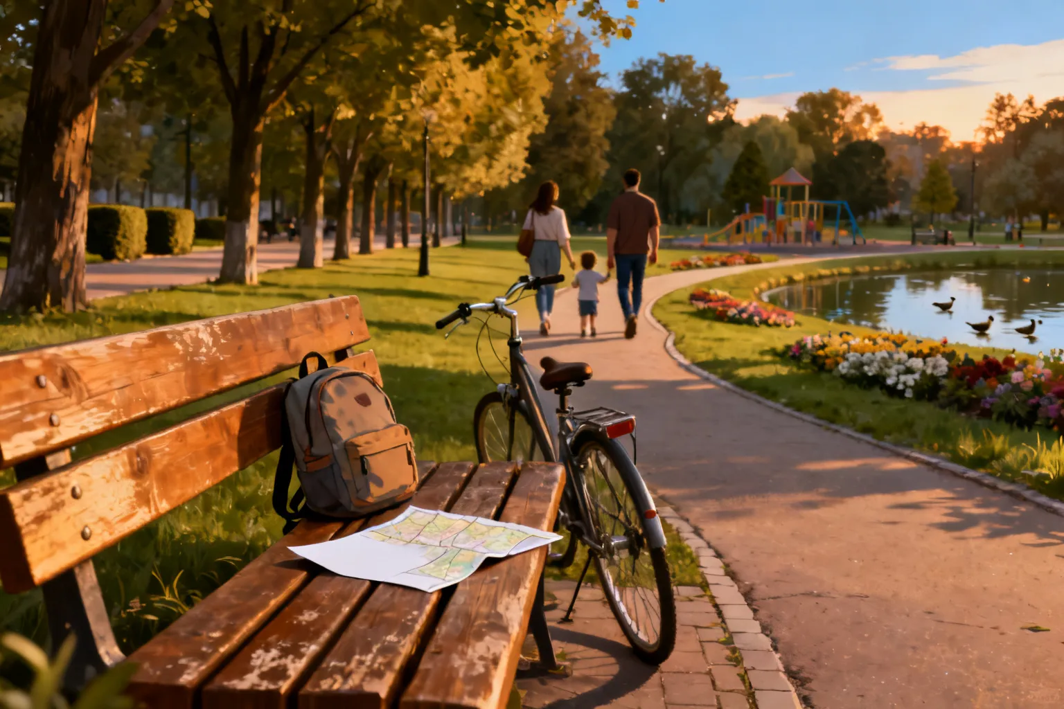 Ławka z plecakiem i złożoną mapą przy alejce w Parku Regana; spacerują ludzie, plac zabaw i staw w tle.