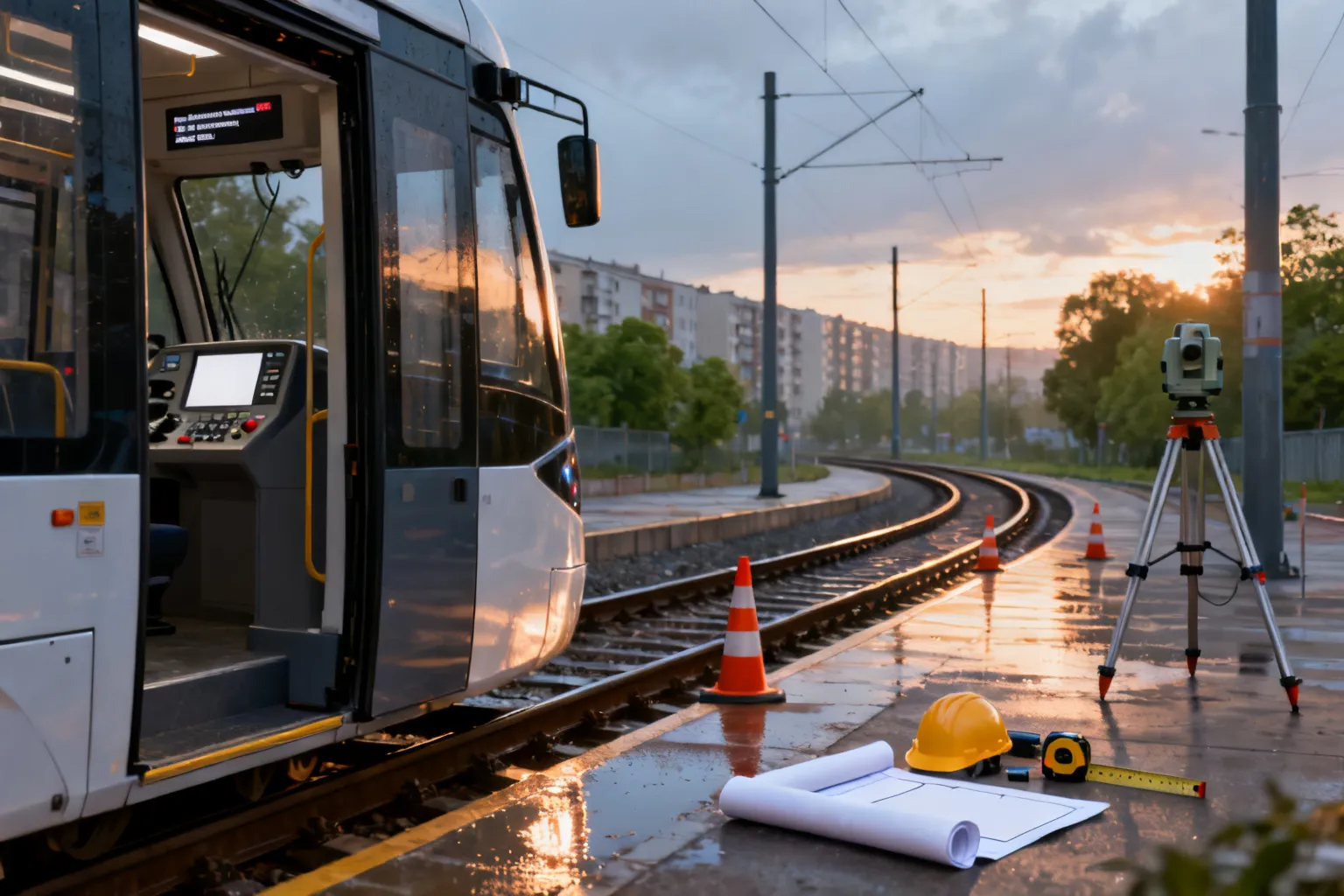 Nowy tramwaj na bocznej platformie z otwartą kabiną i pracami torowymi w tle, zapowiadajacy miejskie inwestycje tramwajowe.