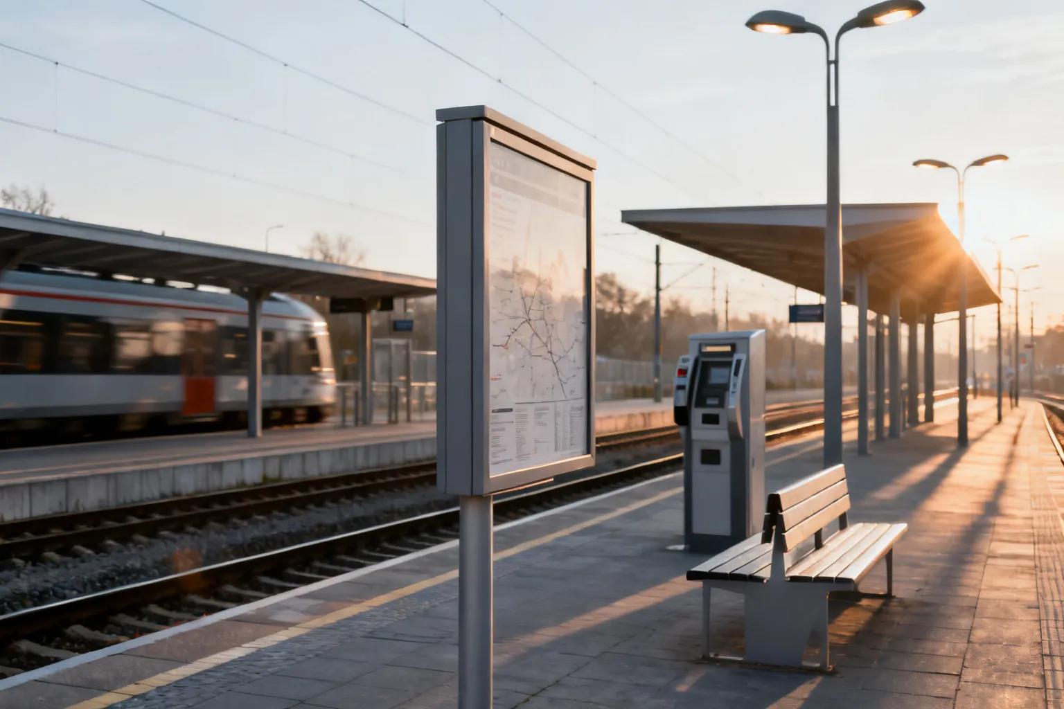 Pusty, dobrze oświetlony węzeł przesiadkowy z peronem tramwajowo-kolejowym, tablicą informacji i biegającym pociągiem w tle.