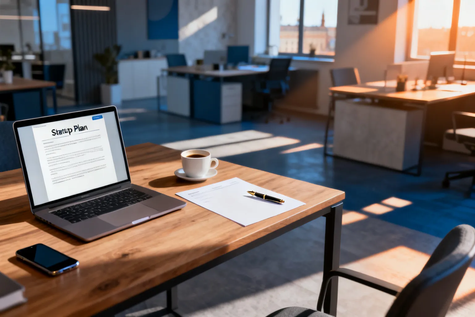 Poranna scena w gdańskim coworkingu: schludne drewniane biurko z laptopem, pustym formularzem, piórem, telefonem i kawą, gotowe do pracy.