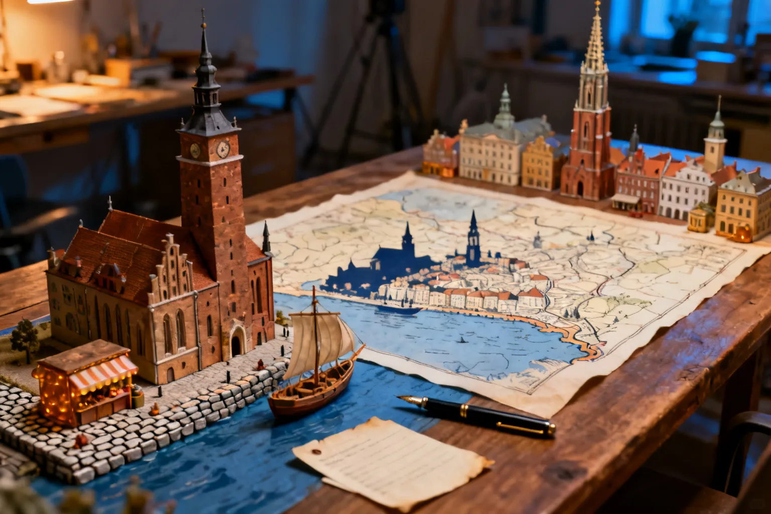 Stolikowa diorama Gdańska z nabrzeżem, amberowym straganem i żaglowcem, otoczona miniaturami innych miast królewskich.