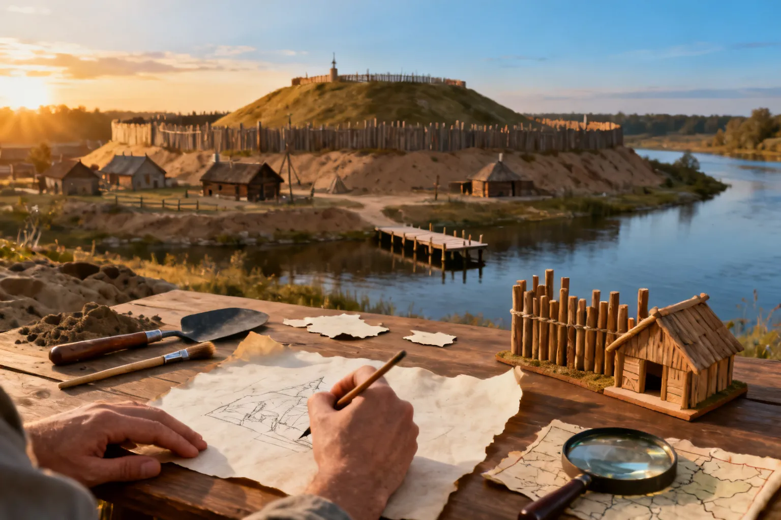 Rekonstrukcja grodu gdańskiego: artysta szkicuje plan grodu na pergaminie, obok narzędzia archeologa i model palisady, w tle wieczorny widok warownego osiedla n