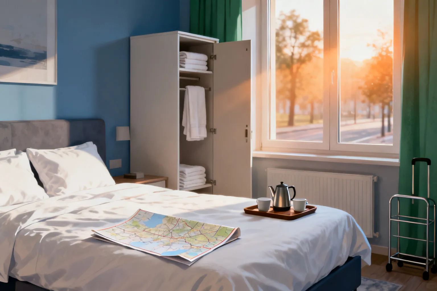 Przytulny pokój gościnny B&B w Gdańsku: łóżko z białą pościelą, stolik z mapą i zestawem do kawy, jasne okno z widokiem na ulicę.