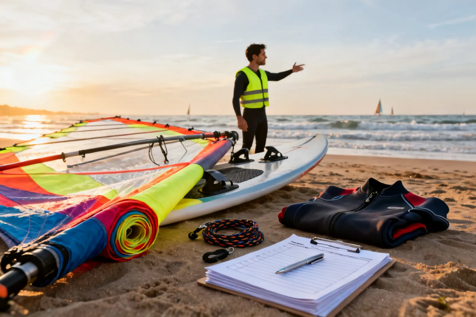 Stolik z wypożyczalni na piaszczystej plaży: sprzęt windsurfingowy ułożony na pierwszym planie, instruktor wskazuje morze, poranne światło.