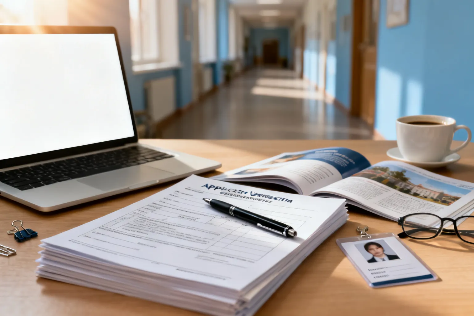 Biurko z materiałami do rekrutacji na studia niestacjonarne: formularze, broszura, długopis, zdjęcie do legitymacji, laptop i kawa, w domowym wnętrzu.