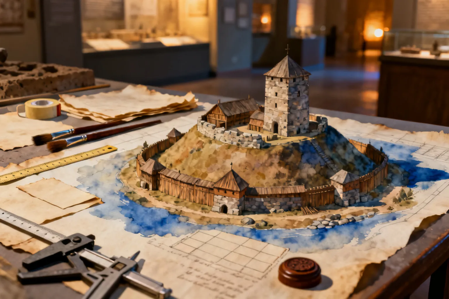 Model rekonstrukcji grodu z wałem i drewnianym zabudowaniem na stole, otoczony narzędziami archeologicznymi i zwojami pergaminu, w muzealnym wnętrzu.