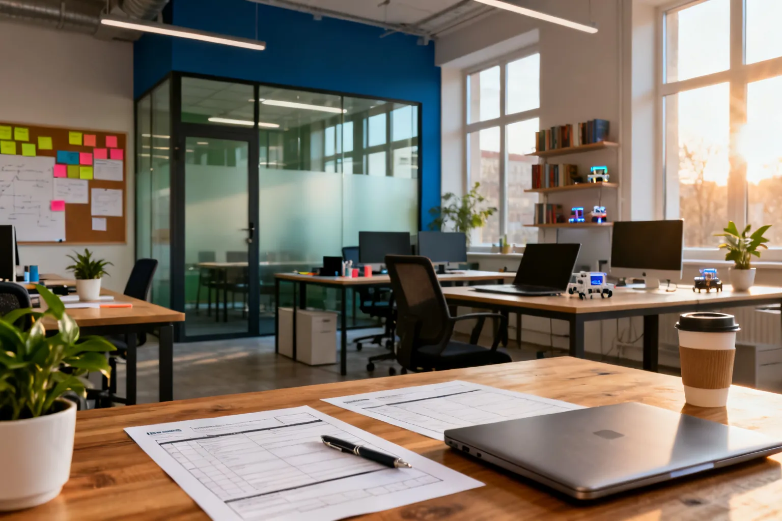 Wnętrze inkubatora przedsiębiorczości w Gdańsku: jasna przestrzeń coworkingowa z biurkami, laptopami, formularzem i kubkiem na drewnianym stole.