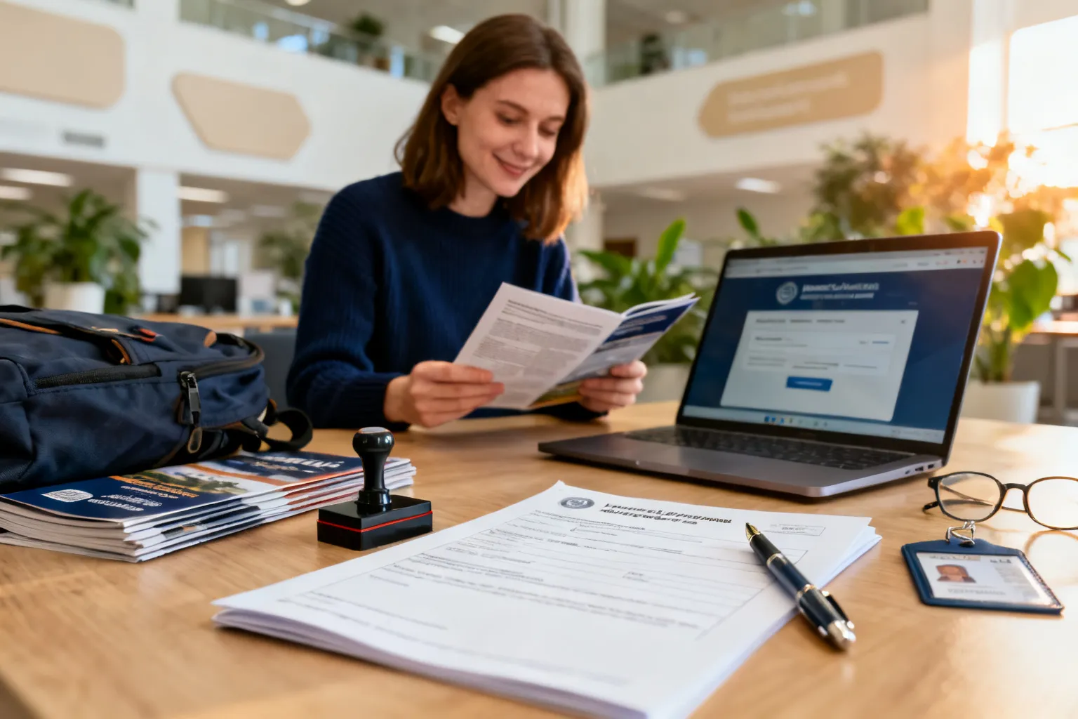 Biurko rekrutacyjne Uniwersytetu z formularzem zgłoszeniowym, długopisem, broszurami i spokojną studentką przeglądającą ofertę kierunków.