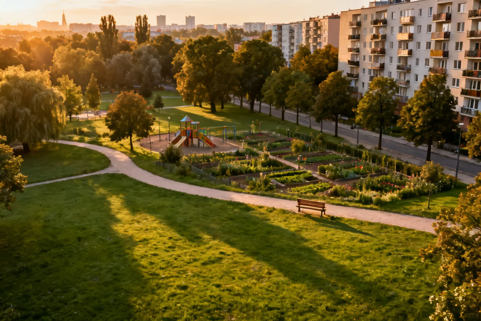 Widok z lotu ptaka na zielony park w Gdańsku: trawniki, alejki, ławka i zabudowa mieszkalna w tle, wieczorne światło.