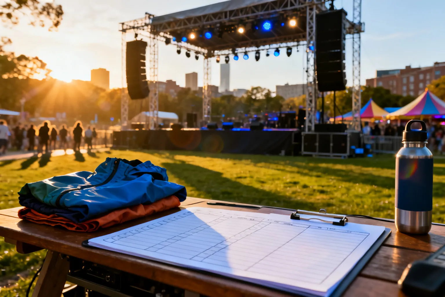 Pusta scena plenerowego festiwalu w Gdańsku: scena i konsoleta przy stole z kurtkami i bidonem, złota godzina nad namiotami.