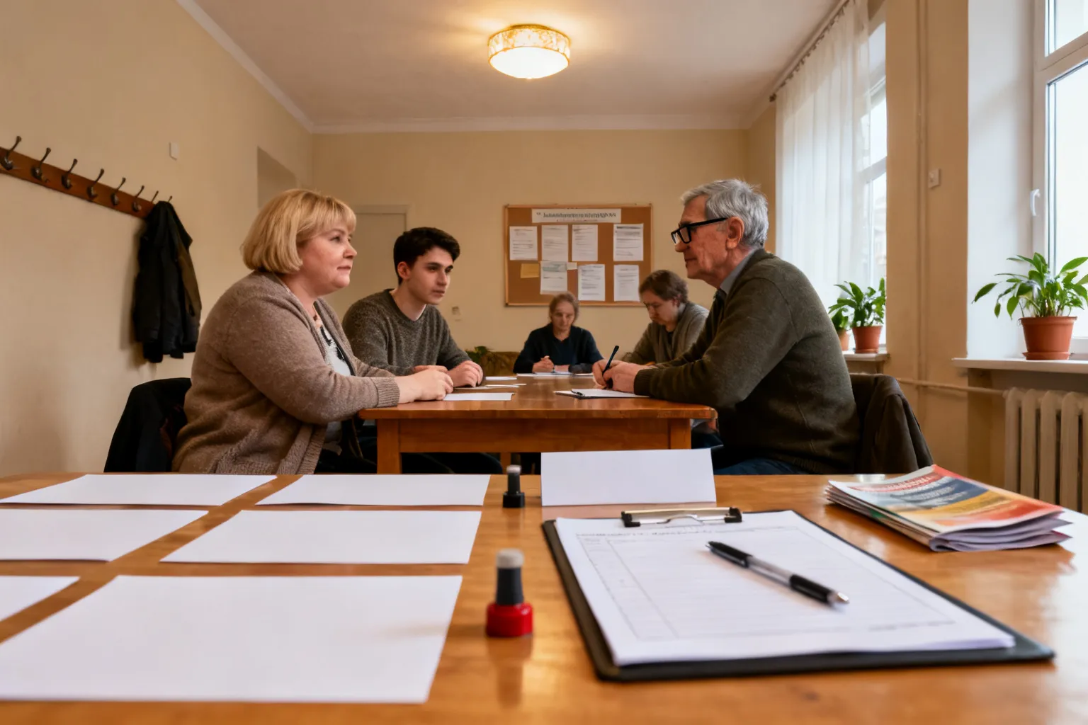 Mieszkańcy Gdańska dyskutują przy stole z formularzami i ulotką rejestracyjną, przygotowani do zapisów na spotkanie stowarzyszenia.